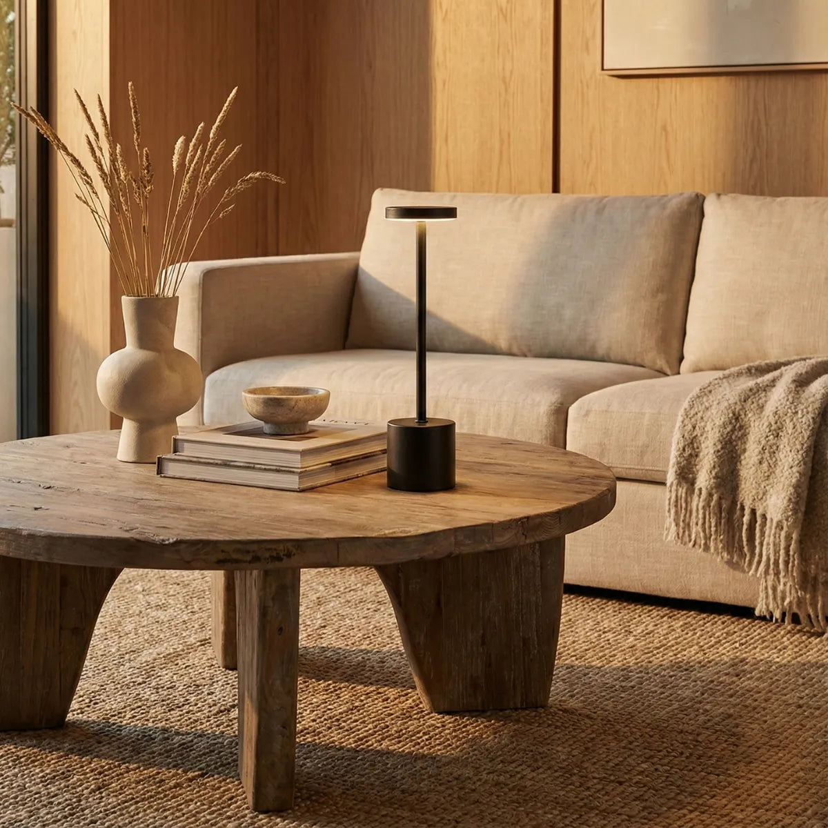 Luminária portátil Allure Preta decorando mesa de centro de madeira bruta em sala de estar iluminada pelo sol da tarde.