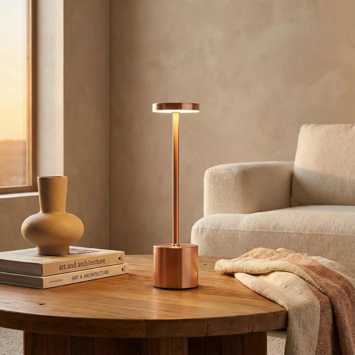 Luminária de mesa sem fio Rose Gold decorando mesa de centro em sala de estar moderna com sofá bege, design atemporal.