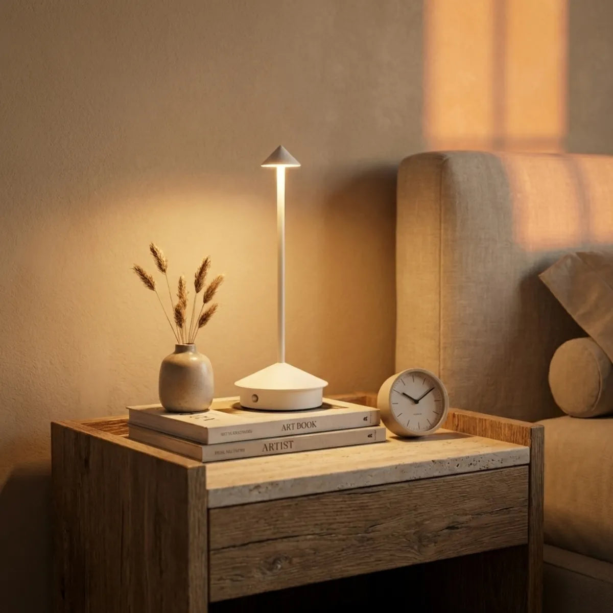 Luminária de mesa Apollo branca sobre mesa de cabeceira de madeira com livros de arte em quarto de casal aconchegante.