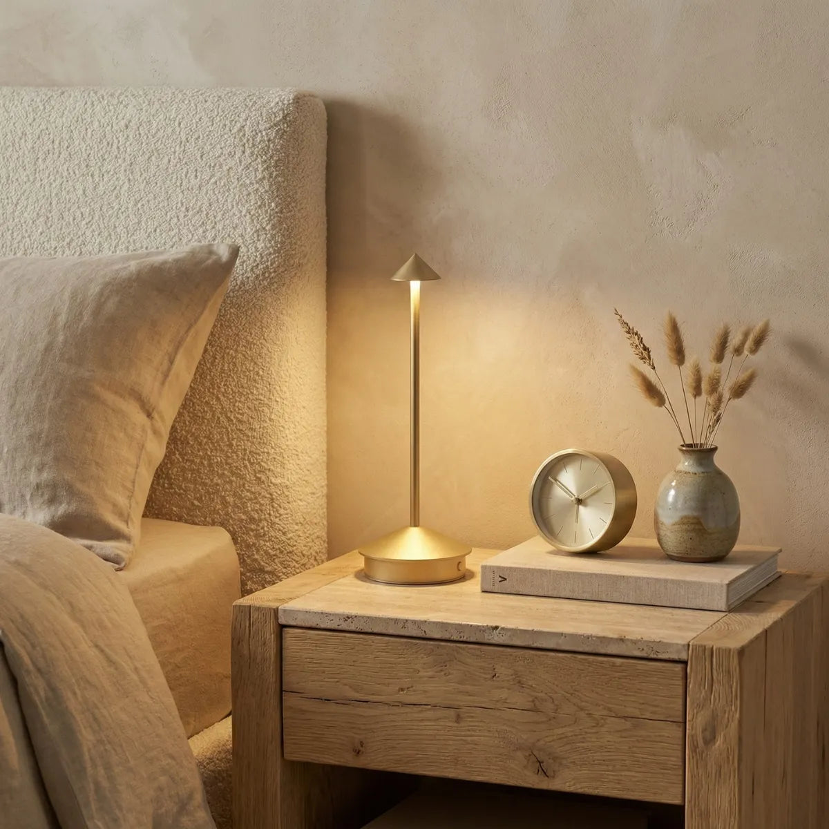 Luminária de cabeceira Apollo dourada em mesa de apoio com tampo de pedra ao lado de cama com cabeceira de tecido bouclé.
