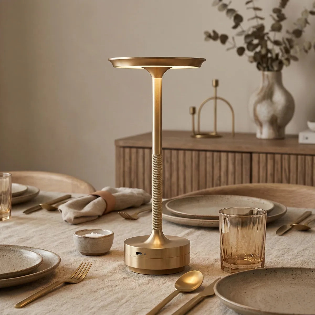 Luminária de mesa Áurea dourada iluminando o centro de uma mesa de jantar posta com cerâmicas e taças, criando um clima intimista e refinado.