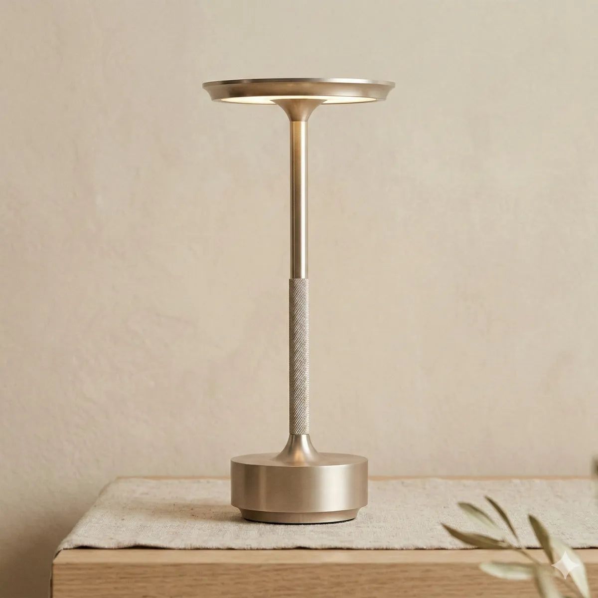 Luminária de mesa Áurea prata acesa sobre mesa de madeira com caminho de mesa em linho e ramos, criando uma iluminação suave e intimista.