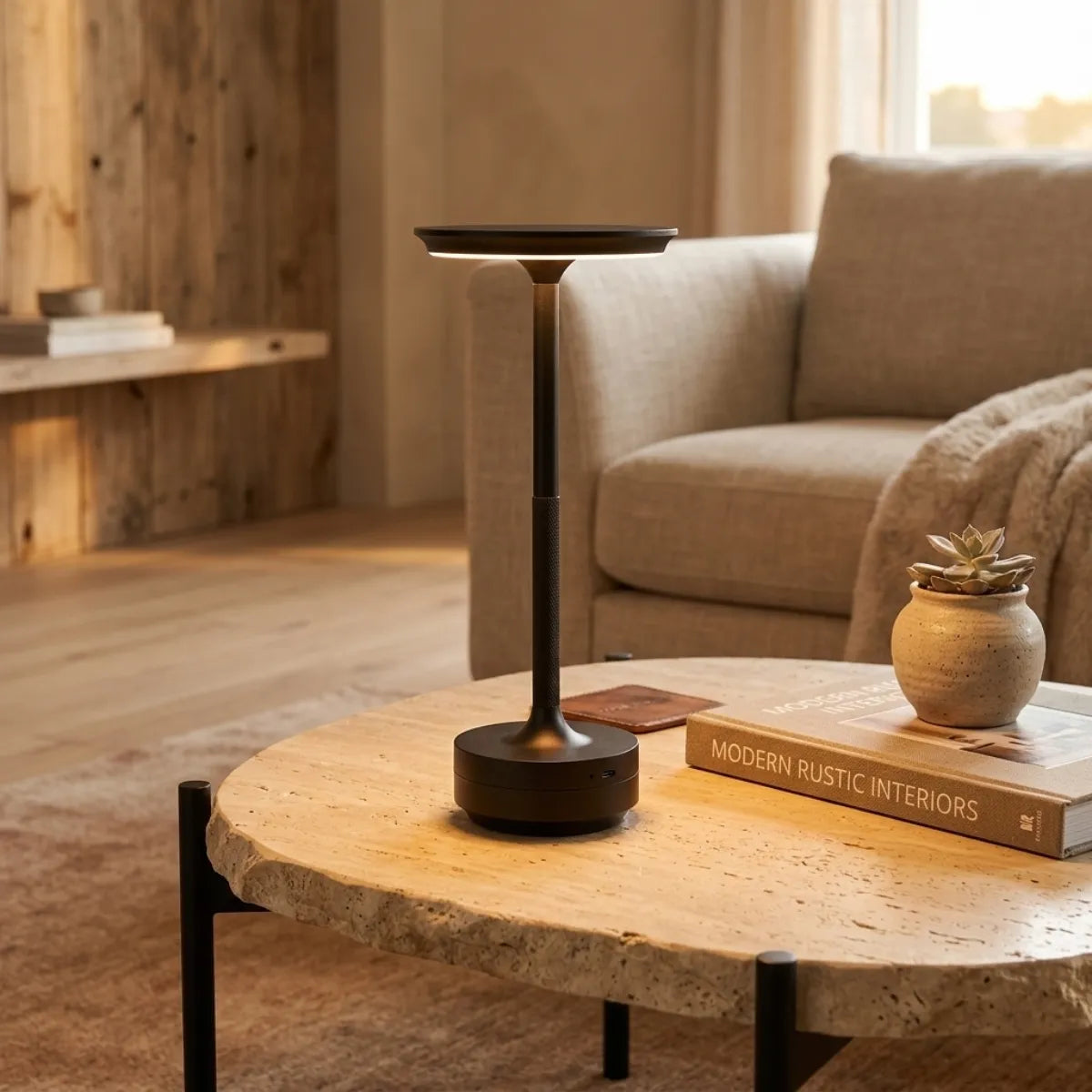 Luminária sobre uma mesa de centro de pedra bruta em uma sala de estar. O ambiente conta com um sofá cinza e livros de decoração ao lado, mostrando a versatilidade da peça em espaços de convivência.
