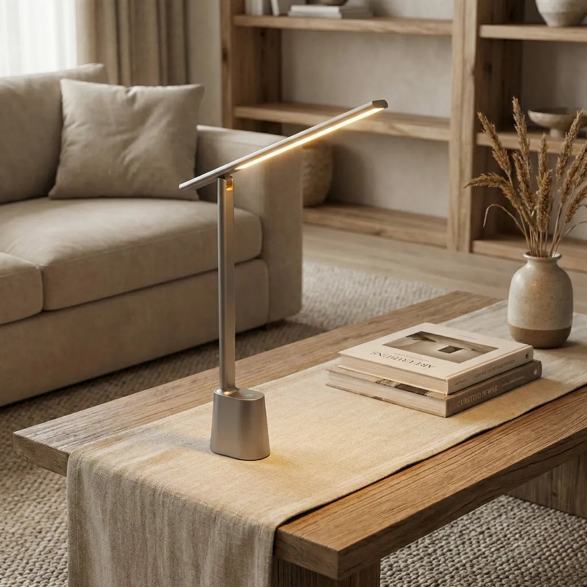 Luminária de mesa sem fio Baseus cinza decorando mesa de centro de madeira em sala de estar contemporânea com tons neutros.