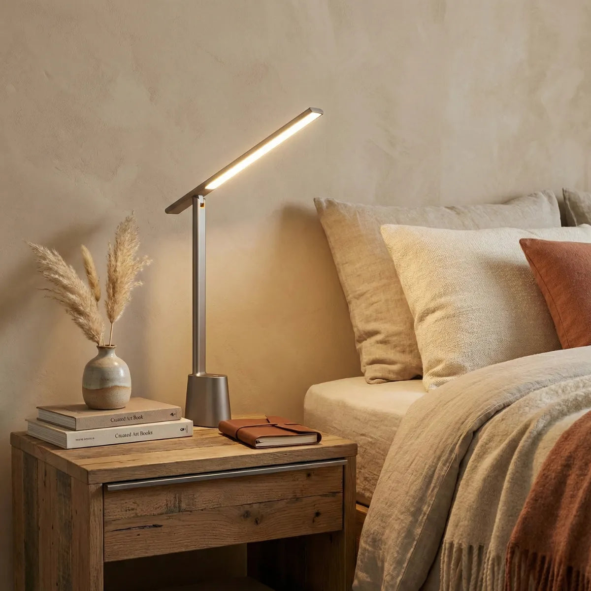 Luminária de cabeceira Baseus cinza em mesa de apoio de madeira rústica ao lado de cama com roupa de cama em tons terrosos e neutros.