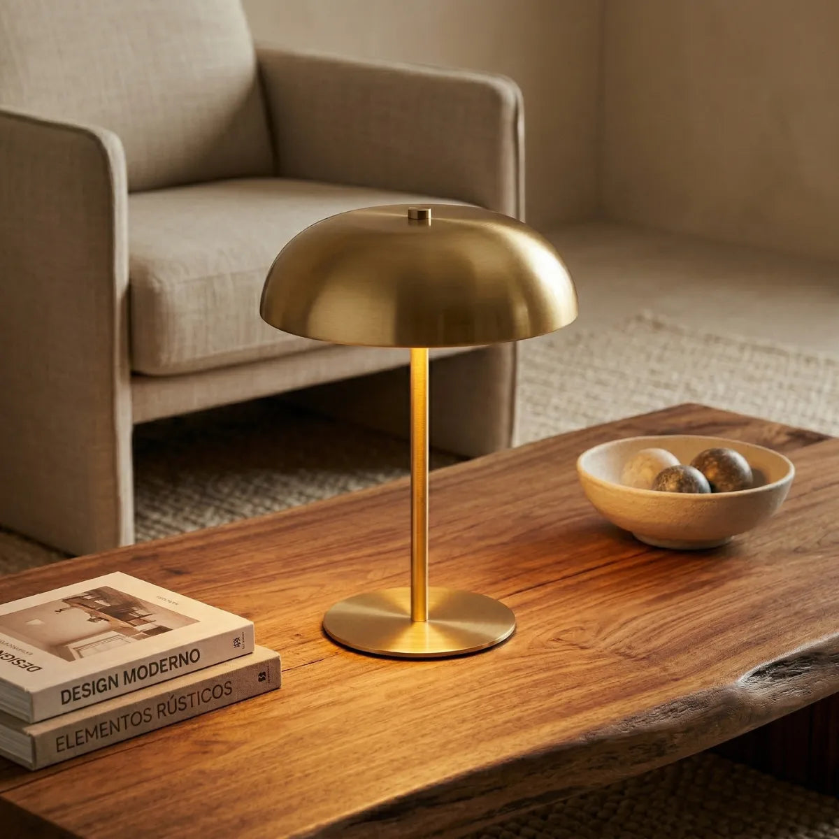 Luminária de mesa Doma dourada acesa sobre uma mesa de centro de madeira rústica de borda orgânica. A luz quente ilumina dois livros de design e uma pequena tigela com esferas decorativas. Ao fundo, nota-se uma poltrona cinza claro.
