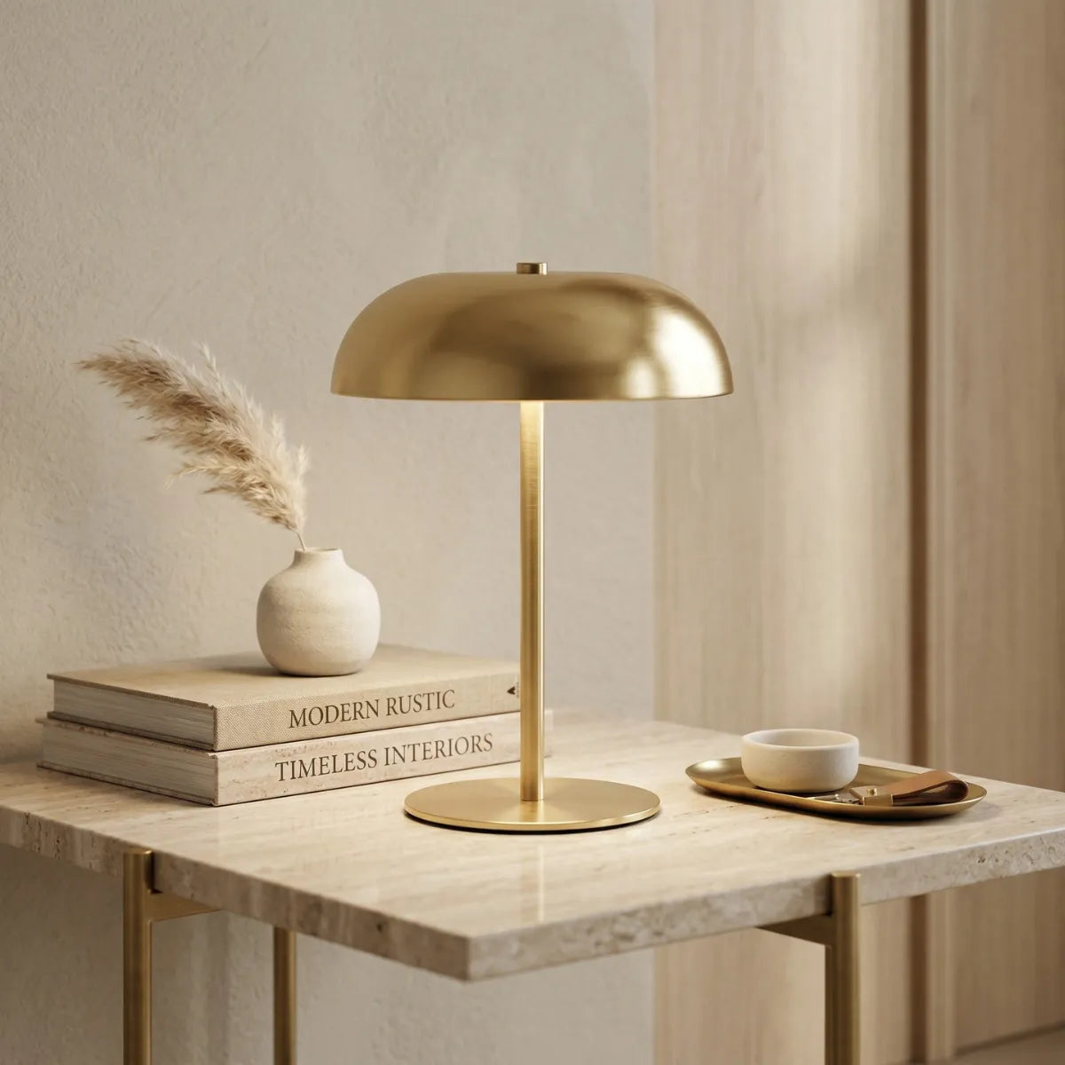 Luminária de mesa Doma dourada acesa sobre uma mesa lateral de mármore ou travertino com base dourada. À esquerda da peça, dois livros empilhados servem de base para um vasinho com capim dos pampas. À direita, há uma pequena bandeja com pequenos objetos.
