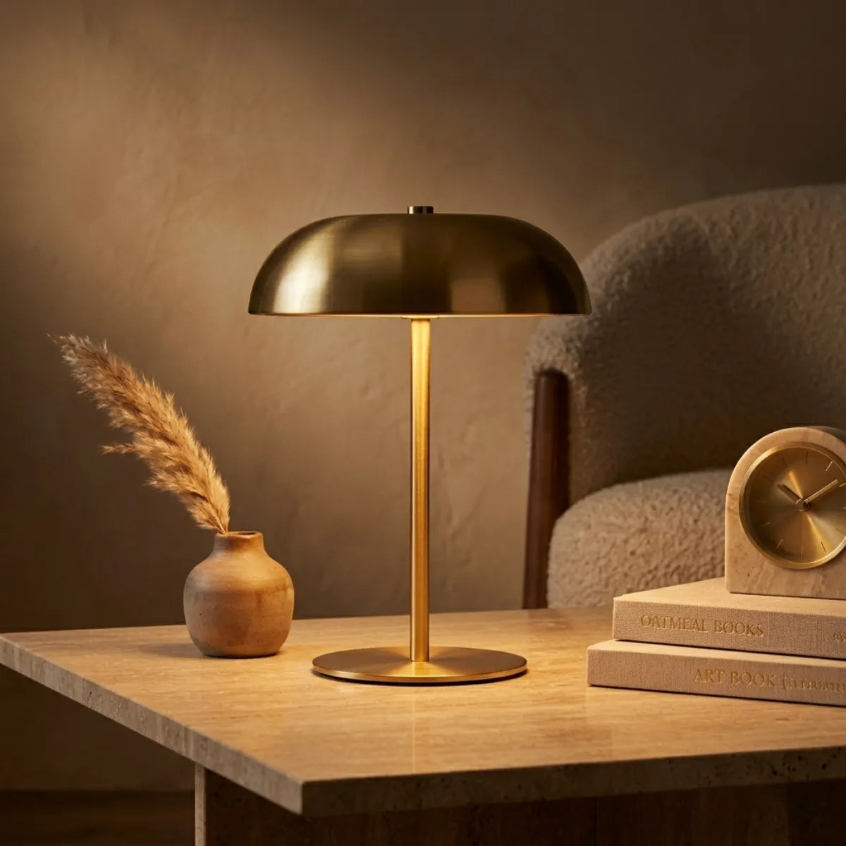 Luminária de mesa Doma dourada acesa sobre uma mesa de pedra clara. Ao lado, um pequeno vaso com capim dos pampas e um relógio decorativo de pedra sobre dois livros. O fundo é composto por uma parede bege texturizada e parte de uma poltrona de bouclé claro.