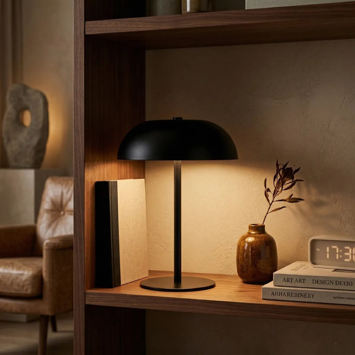 Luminária de mesa Doma preta acesa no nicho de uma estante de madeira quente. A luz destaca um livro de lombada preta, um pequeno vaso de cerâmica marrom com uma folhagem seca, livros empilhados e um relógio digital. No fundo desfocado, nota-se uma poltrona de couro caramelo e uma escultura de pedra.