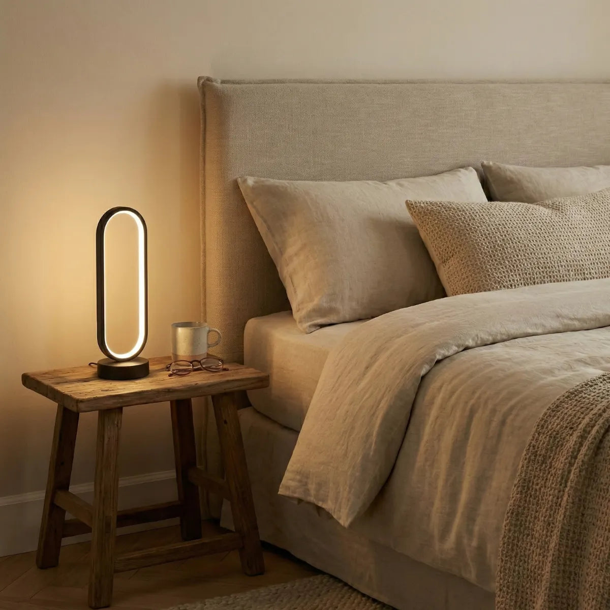 Luminária de mesa Elo preta, com formato oval vertical e LED aceso, em uma mesa de cabeceira rústica, ao lado de xícara e óculos, em um quarto com cama e cabeceira de tecido.