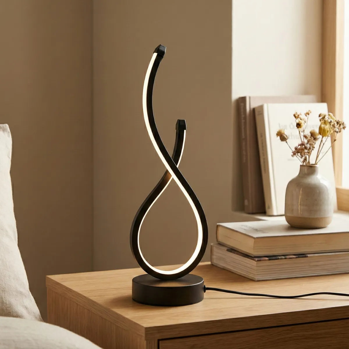 Luminária de mesa Infinity preta em uma mesa de cabeceira de madeira clara, ao lado de livros e um vaso de flores secas, em um quarto.