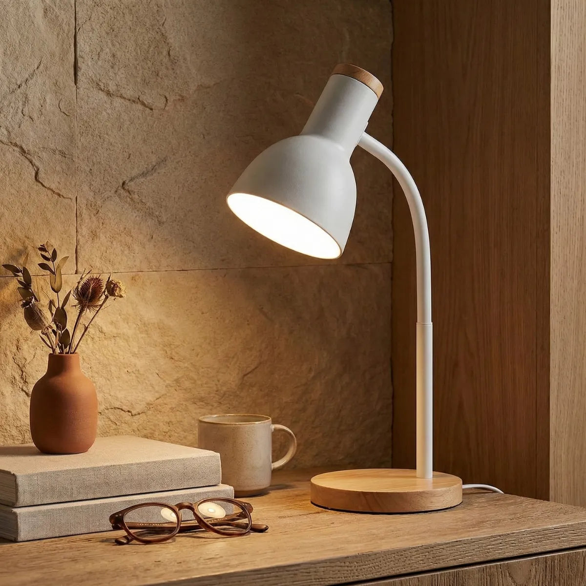 Luminária de mesa para leitura Locus branca em escrivaninha de madeira com óculos e livros em ambiente rústico.