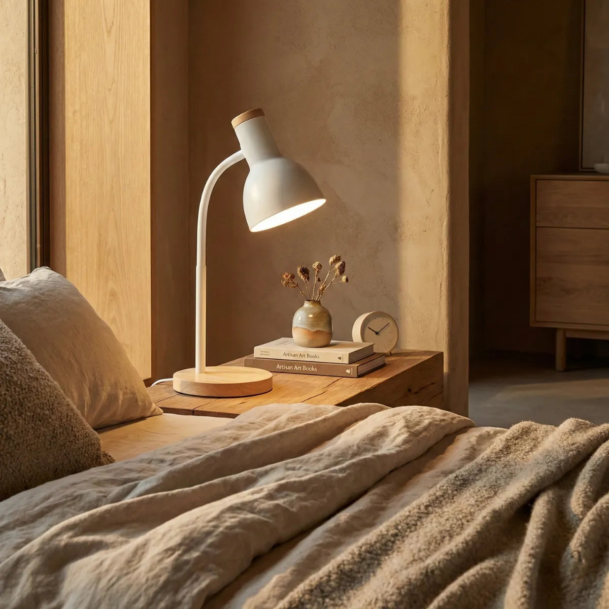 Luminária de cabeceira Locus branca iluminando mesa de apoio em quarto de casal aconchegante com roupa de cama de linho.