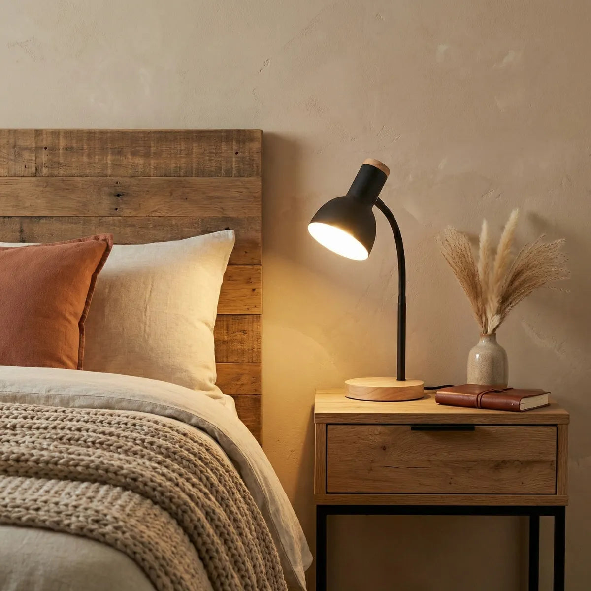 Luminária de cabeceira Locus preta em mesa de apoio de madeira rústica ao lado de cama com almofadas em tons terrosos.