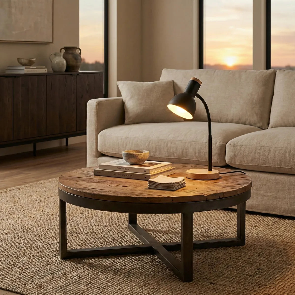 Luminária de mesa Locus preta em mesa de centro redonda de madeira rústica em sala de estar moderna com sofá claro.
