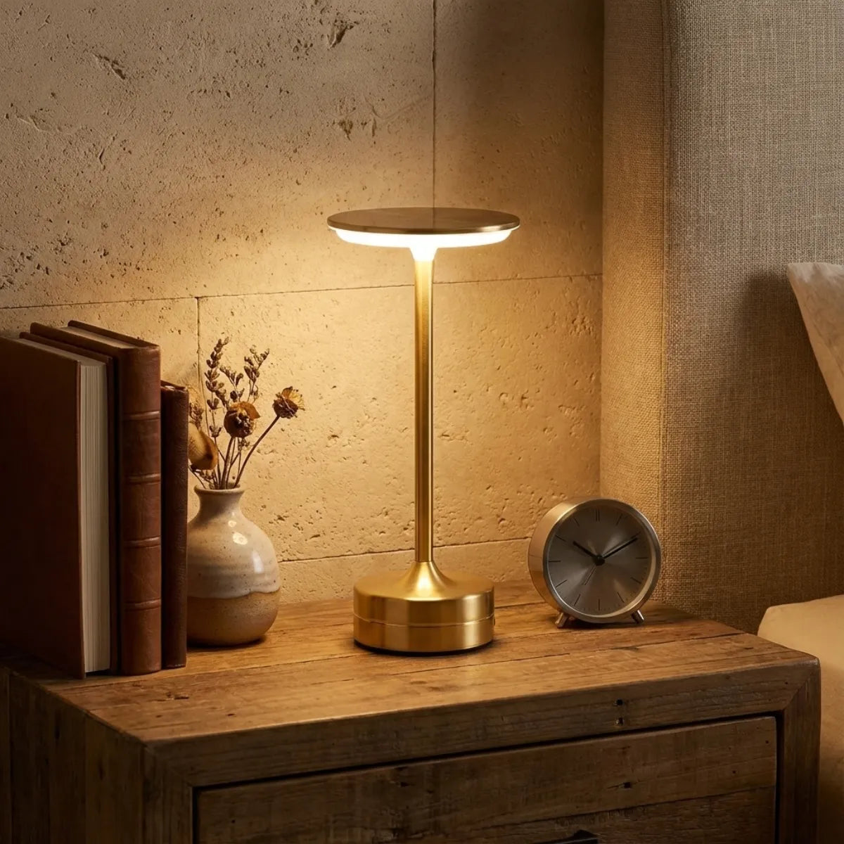 Luminária de mesa dourada Majestic posicionada na mesa de cabeceira, criando uma luz de leitura confortável e intimista no quarto de casal.