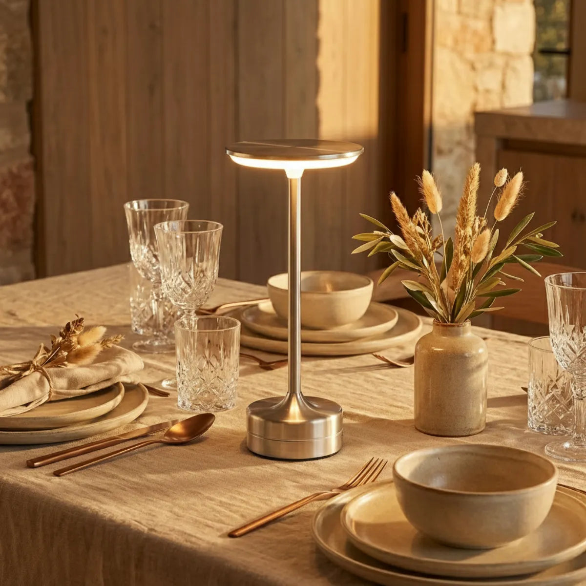 Luminária de mesa posta Majestic prata decorando jantar elegante com taças de cristal, flores secas e louça em cerâmica.