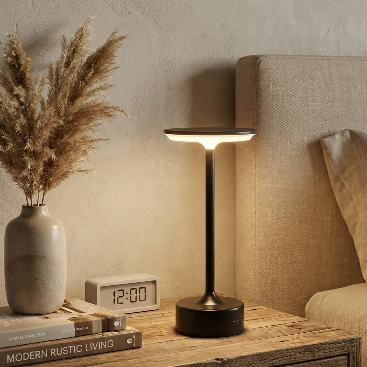 Luminária de cabeceira Majestic preta em mesa de apoio de madeira ao lado de cama box em quarto de casal moderno.