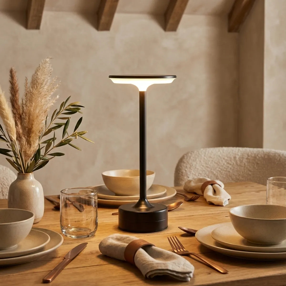 Luminária de cabeceira Majestic preta em mesa de apoio de madeira ao lado de cama box em quarto de casal moderno.