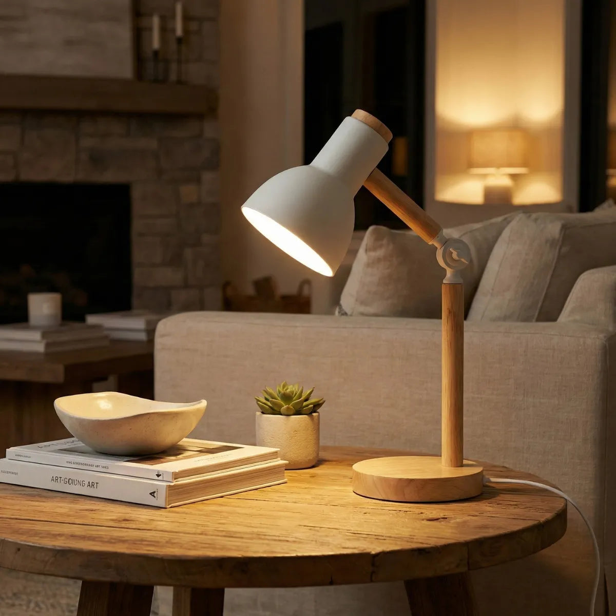 Luminária de mesa Pinus branca acesa com luz quente sobre mesa lateral de madeira criando atmosfera acolhedora à noite.