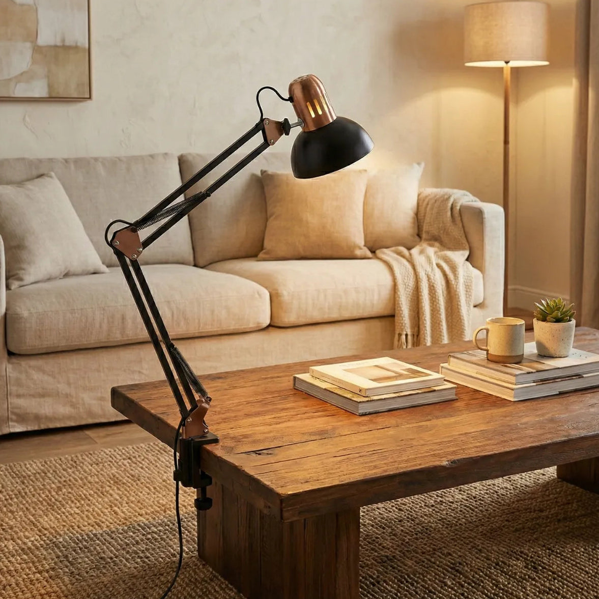 Ambiente de sala de estar aconchegante com luminária articulada de leitura presa à mesa lateral, próxima a sofá de linho bege e mantas texturizadas.