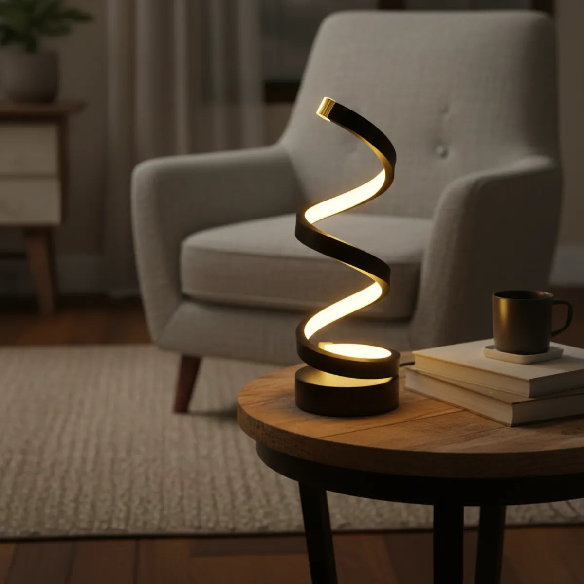 Luminária de mesa espiral Zenite em mesa lateral redonda de madeira, criando clima aconchegante ao lado de poltrona de leitura cinza.