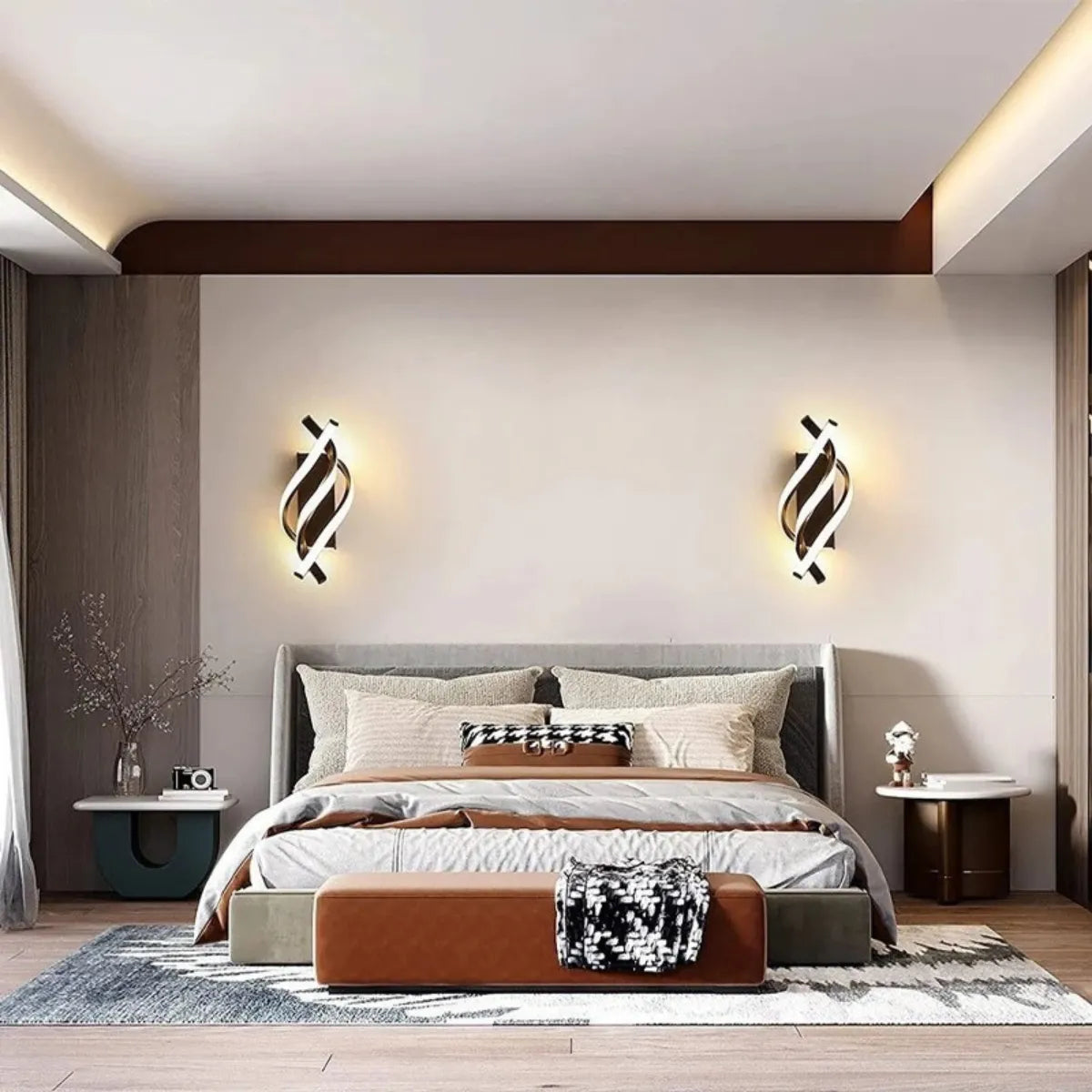 luminaria-de-parede-arandela-led-curve-preta-modernize-foto-frente-dupla-luminarias-iluminando-ambiente-quarto-sofisticado-neutro-bege-luz-quente