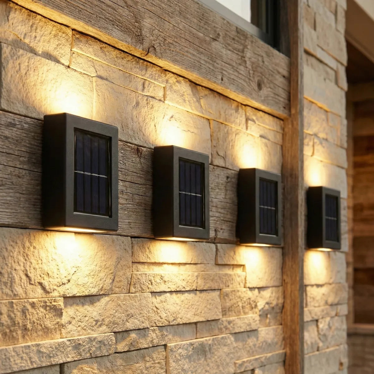 Conjunto de arandelas solares instaladas em sequência em muro externo texturizado, criando iluminação cênica e sofisticada.