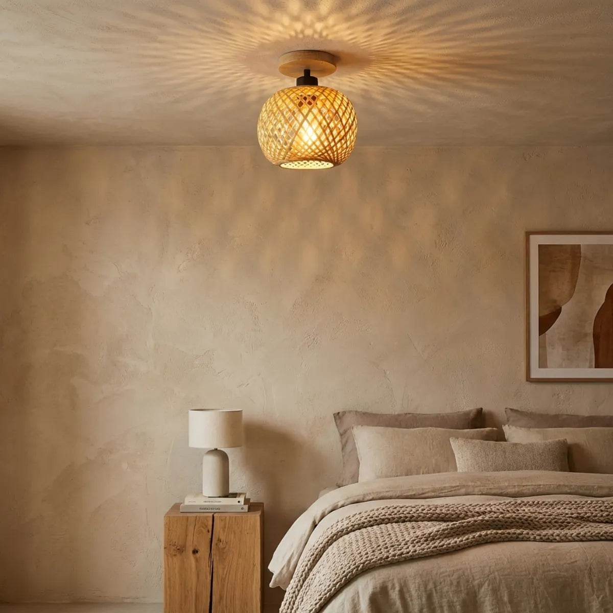 Plafon de teto Bambu Fibrato iluminando quarto de casal relaxante com roupa de cama texturizada em tons de areia e decoração natural.