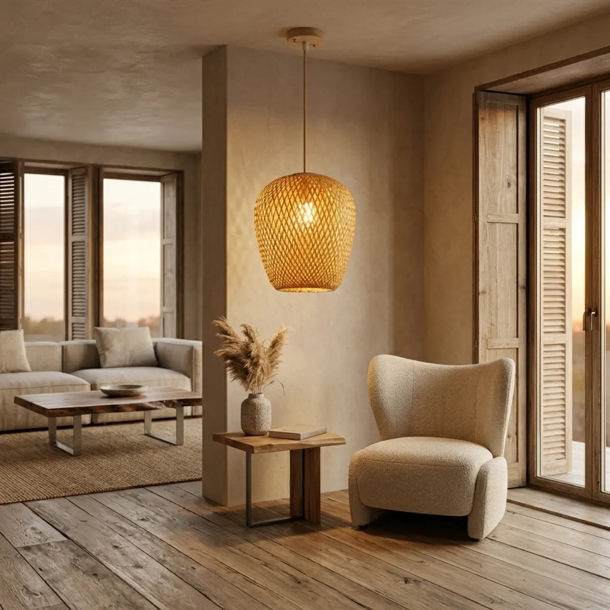 Luminária Pendente Bambu Ânfora iluminando um ambiente de estar rústico e elegante, sobre uma mesa lateral de madeira rústica e ao lado de uma poltrona texturizada, com luz natural de fim de tarde ao fundo.