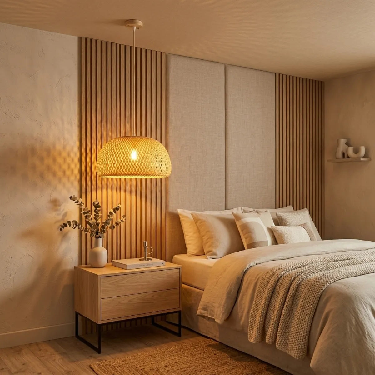 Luminária Pendente Bambu Trama pendurada sobre uma mesa de cabeceira de madeira em um quarto com decoração em tons neutros e painel ripado, criando uma atmosfera acolhedora.