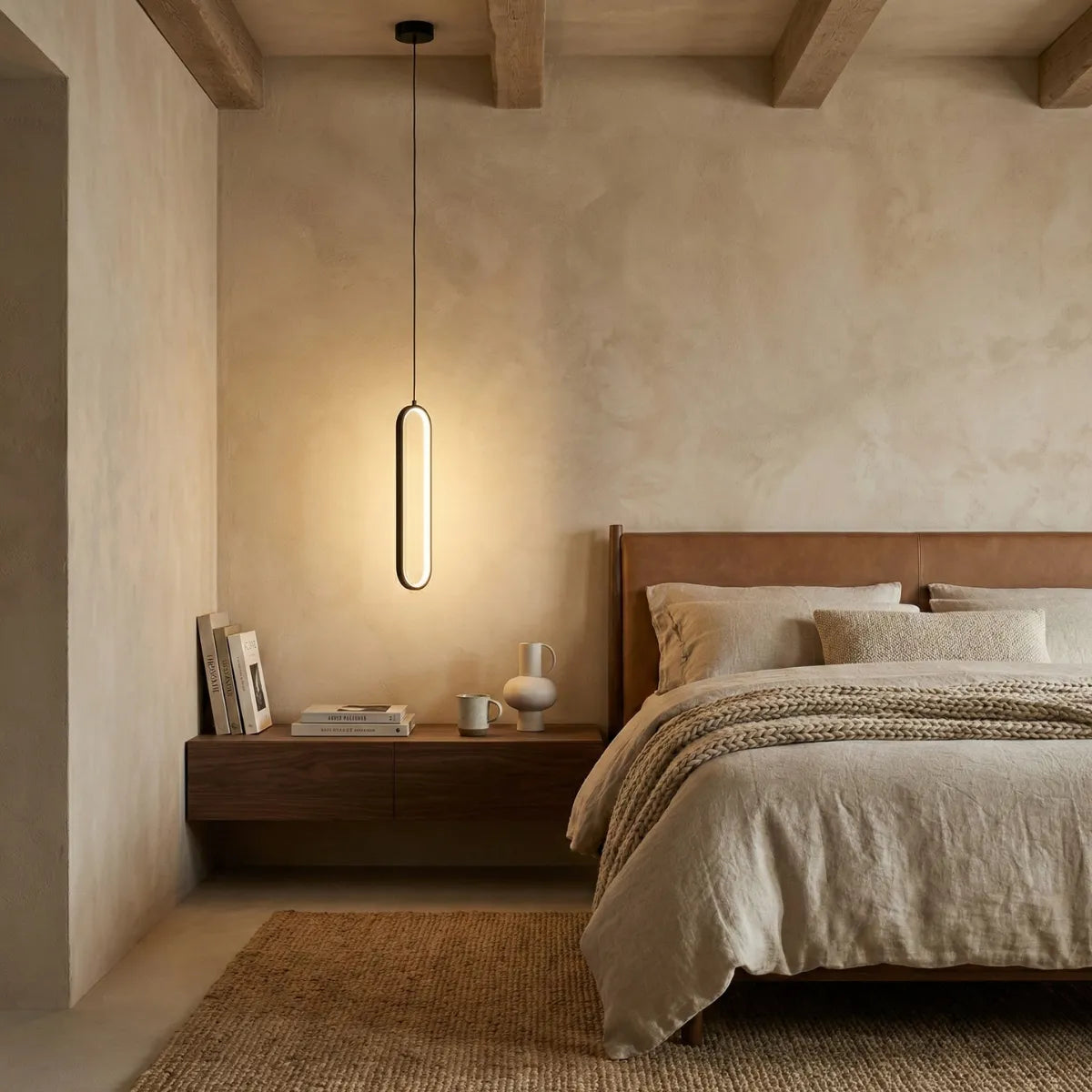 Luminária pendente Elo preta instalada sobre mesa de cabeceira em quarto de casal com decoração em tons terrosos e textura na parede.