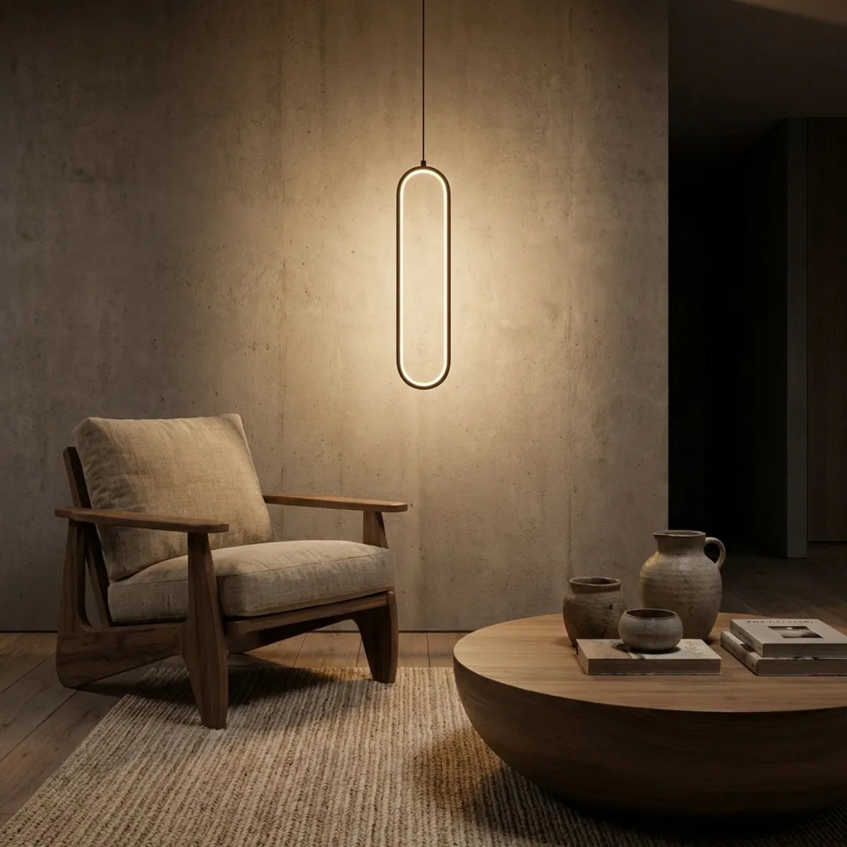 Pendente de teto decorativo Elo preto sobre mesa de centro de madeira em sala de estar minimalista com parede de cimento queimado.