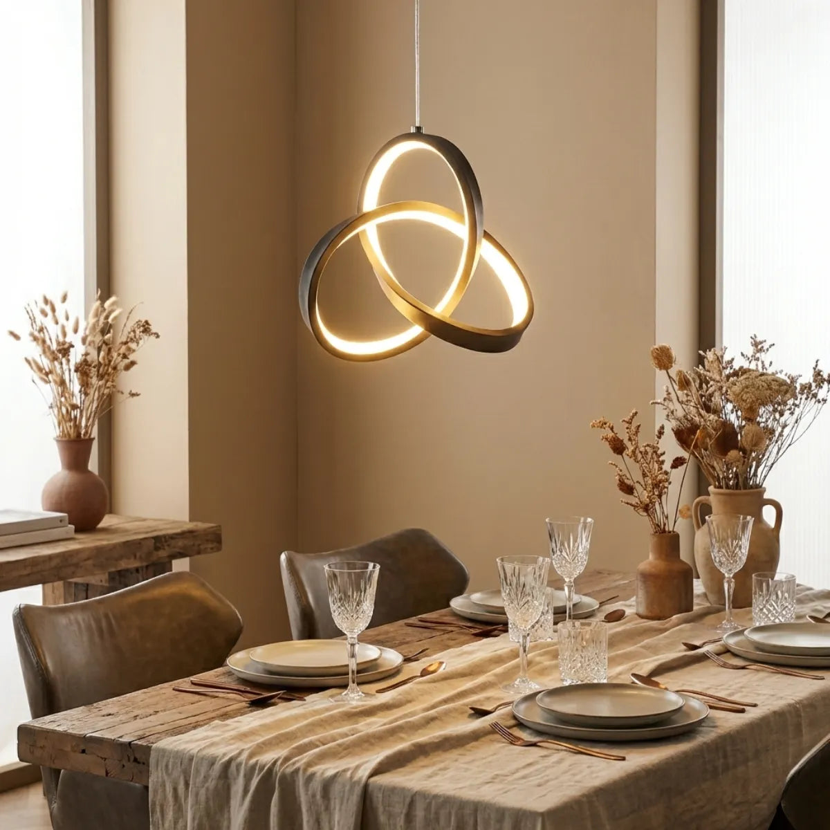Luminária de teto pendente Eternity preta sobre mesa de jantar posta com decoração sofisticada, taças de cristal e tons terrosos.