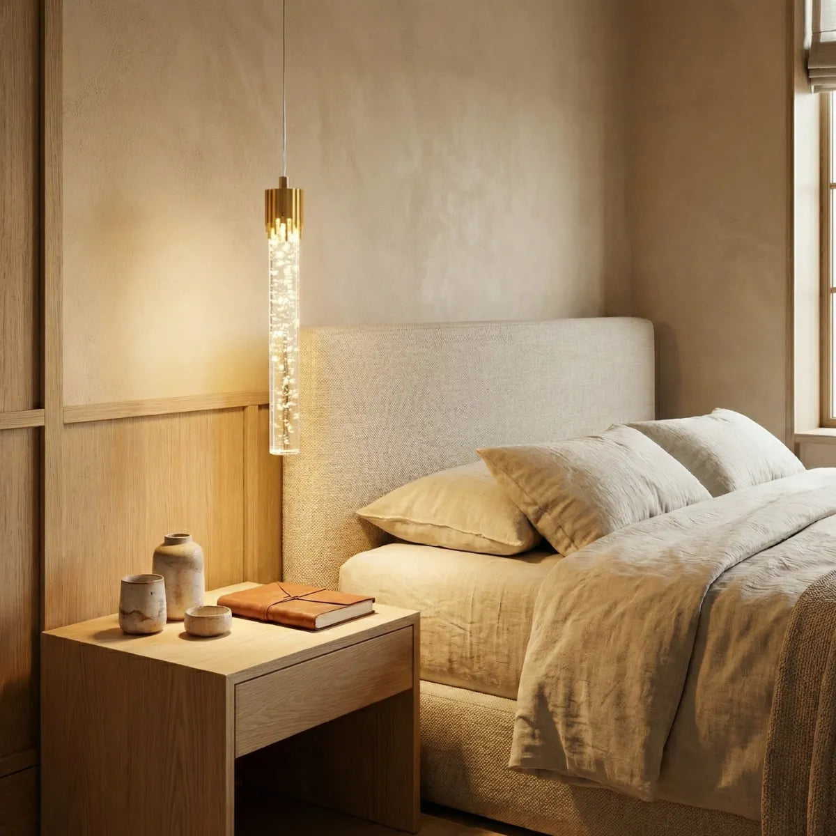 Luminária pendente Feixe dourada instalada sobre mesa de cabeceira de madeira em quarto de casal minimalista com tons de bege.