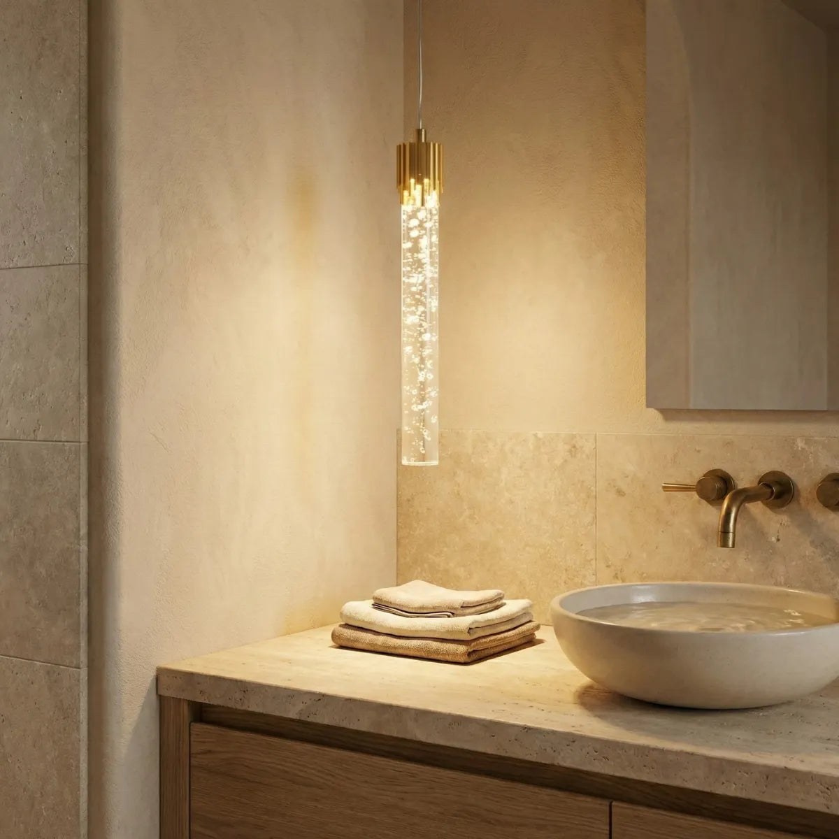 Luminária pendente sofisticada Feixe dourada iluminando bancada de lavabo com cuba de pedra e metais dourados.