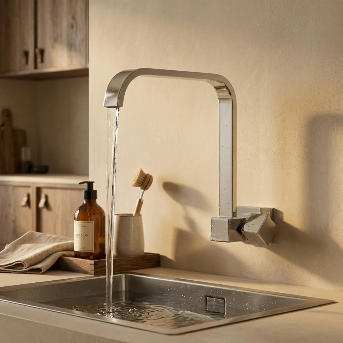 Torneira para cozinha de parede cromada Cubus com jato concentrado ativo na cuba de inox, iluminação quente lateral, escova de louça e saboneteira âmbar ao fundo.