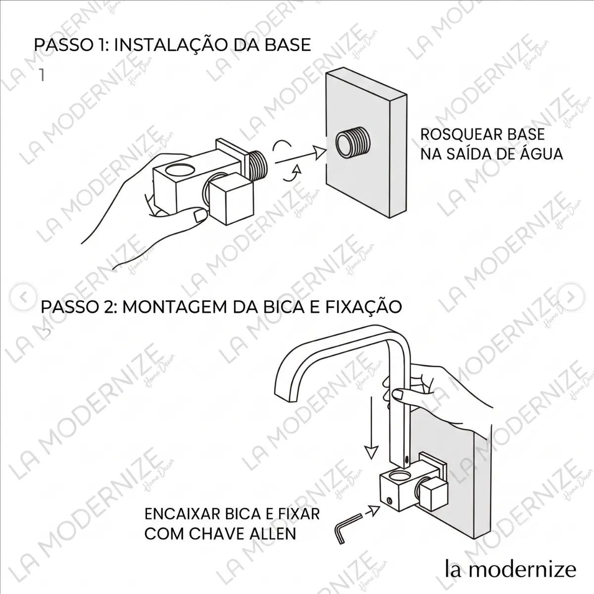 Guia de instalação da torneira para cozinha de parede Cubus em dois passos: rosquear a base na saída de água e encaixar a bica fixando com chave allen.