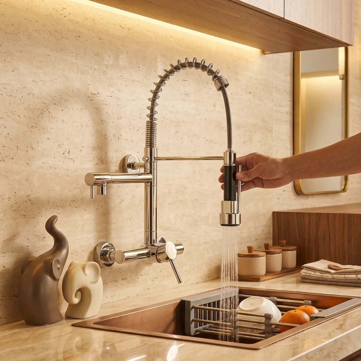 Torneira para cozinha de parede estilo profissional cromada com ducha flexível sendo usada sobre pia de cobre em cozinha com revestimento de travertino