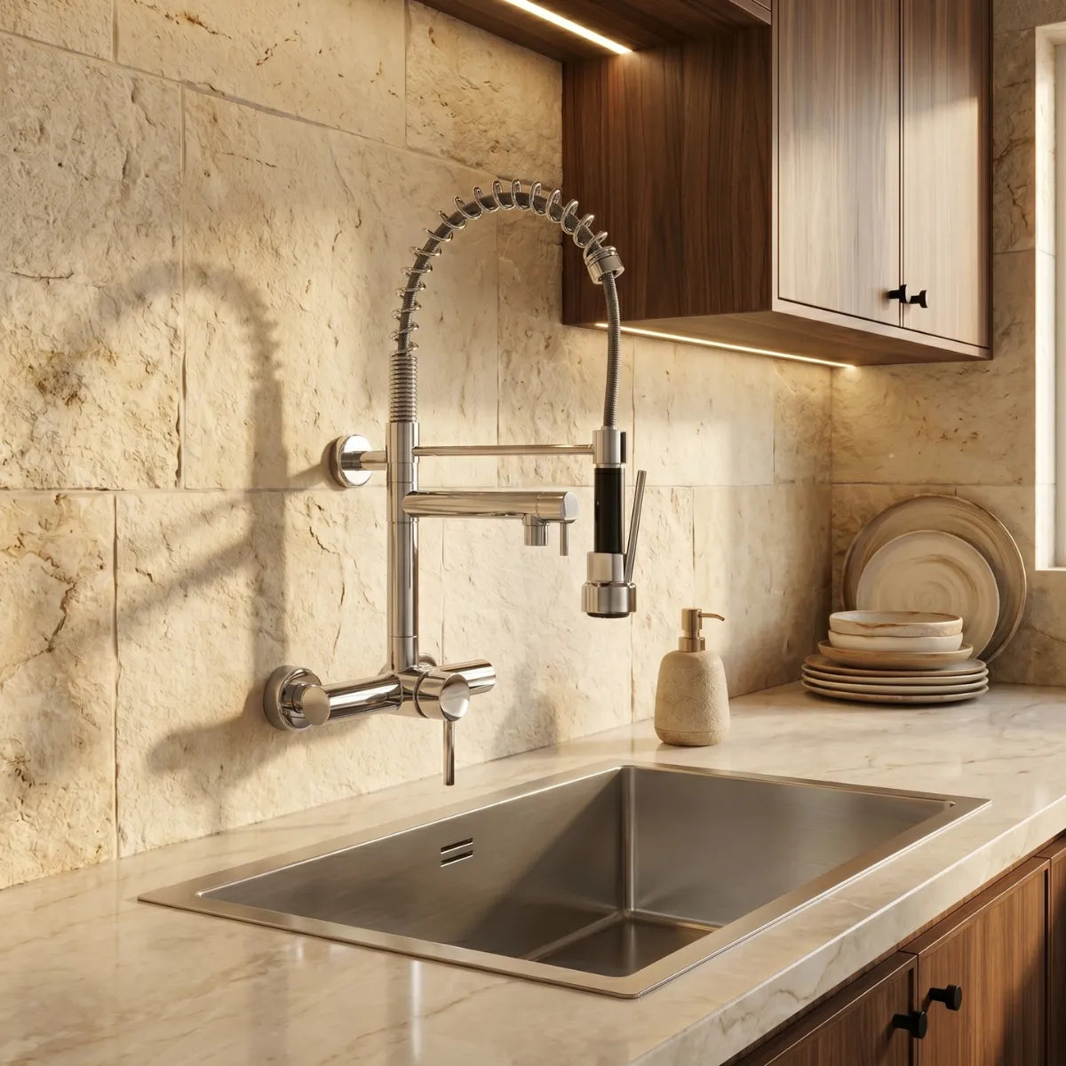 Torneira gourmet de parede cromada com mola e ducha flexível sobre pia de inox em cozinha com bancada de mármore e revestimento de pedra