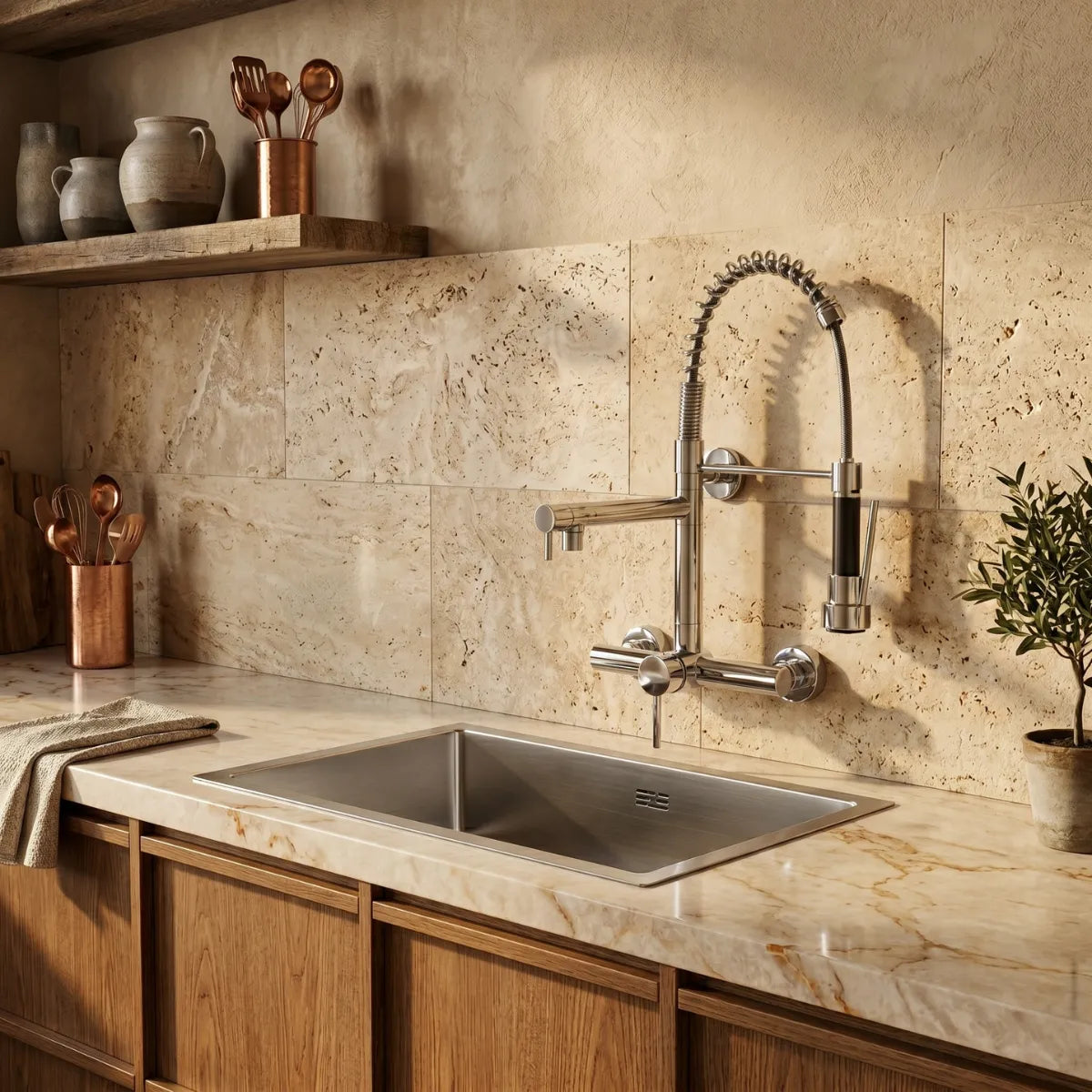 Torneira de cozinha cromada com mola e braço articulado sobre pia de inox em bancada de mármore com prateleiras rústicas e utensílios de cobre