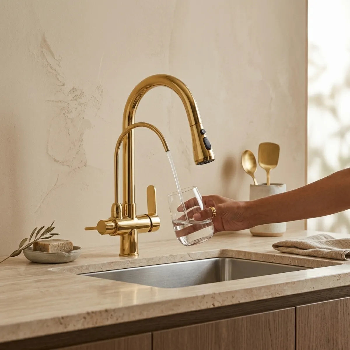 Fotografia mostra torneira para cozinha Midas enchendo copo de agua em pia de cozinha rustica moderna