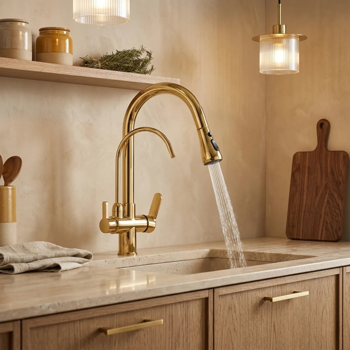 Fotografia mostra torneira para cozinha Midas ligada com jato arejado em pia de cozinha rustica moderna