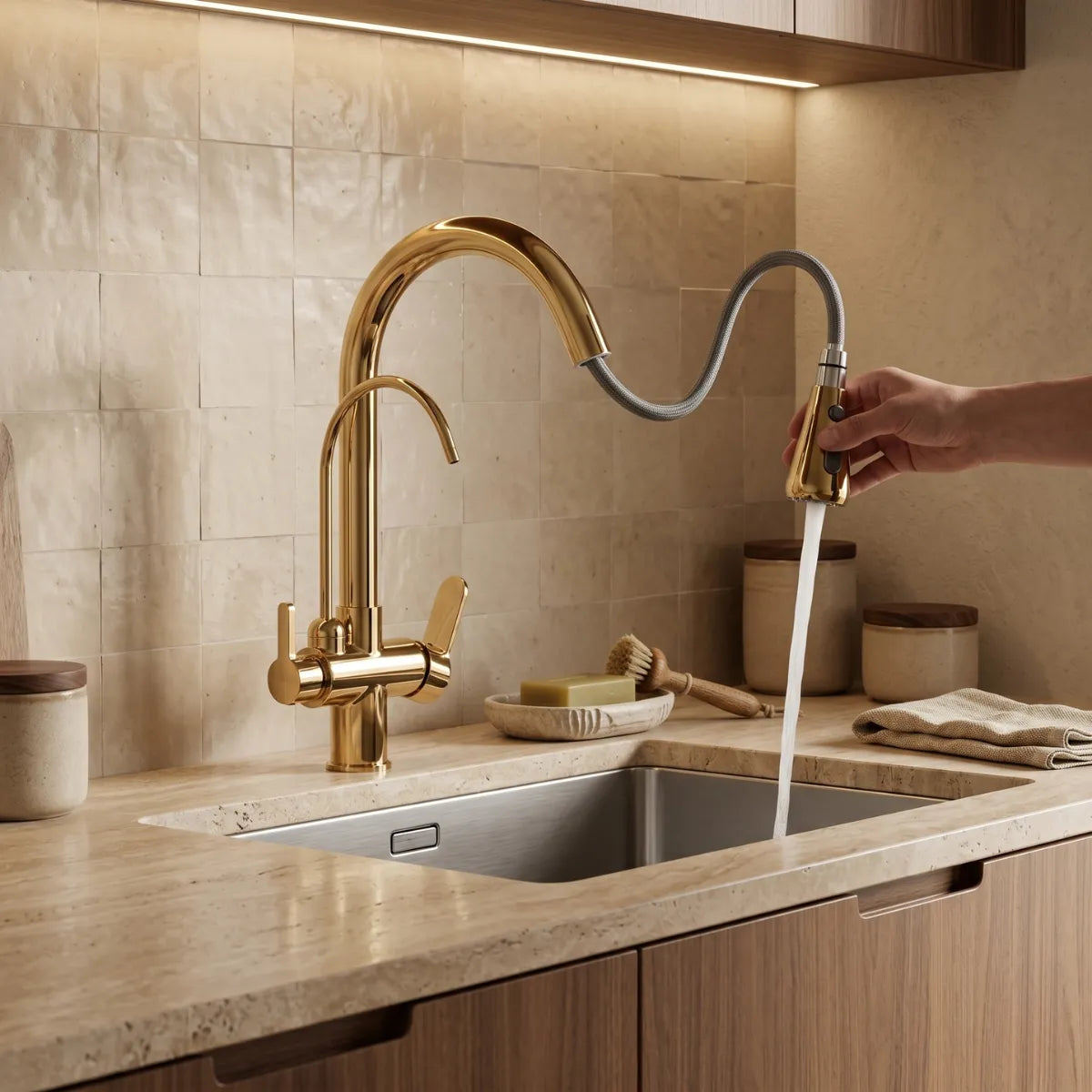 Fotografia mostra pessoa utilizando bico extensível de torneira para cozinha Midas em pia de cozinha rustica moderna