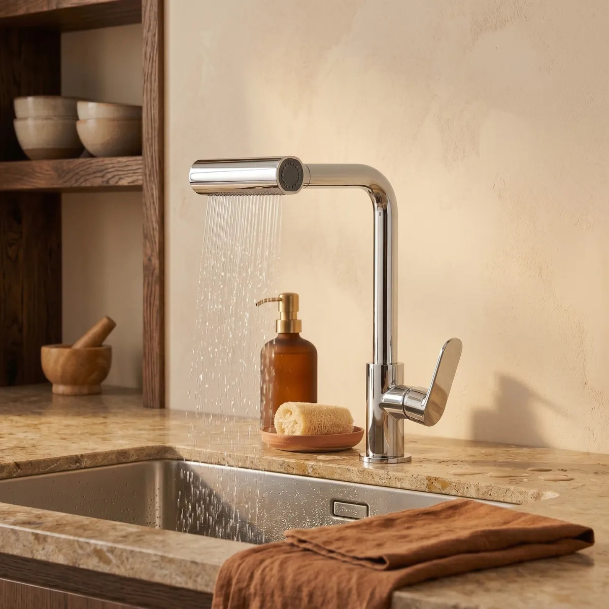 Torneira para cozinha 4 em 1 cromada com bocal girado exibindo jato em chuveiro amplo sobre cuba de inox e bancada de travertino, prateleiras rústicas de madeira ao fundo.
