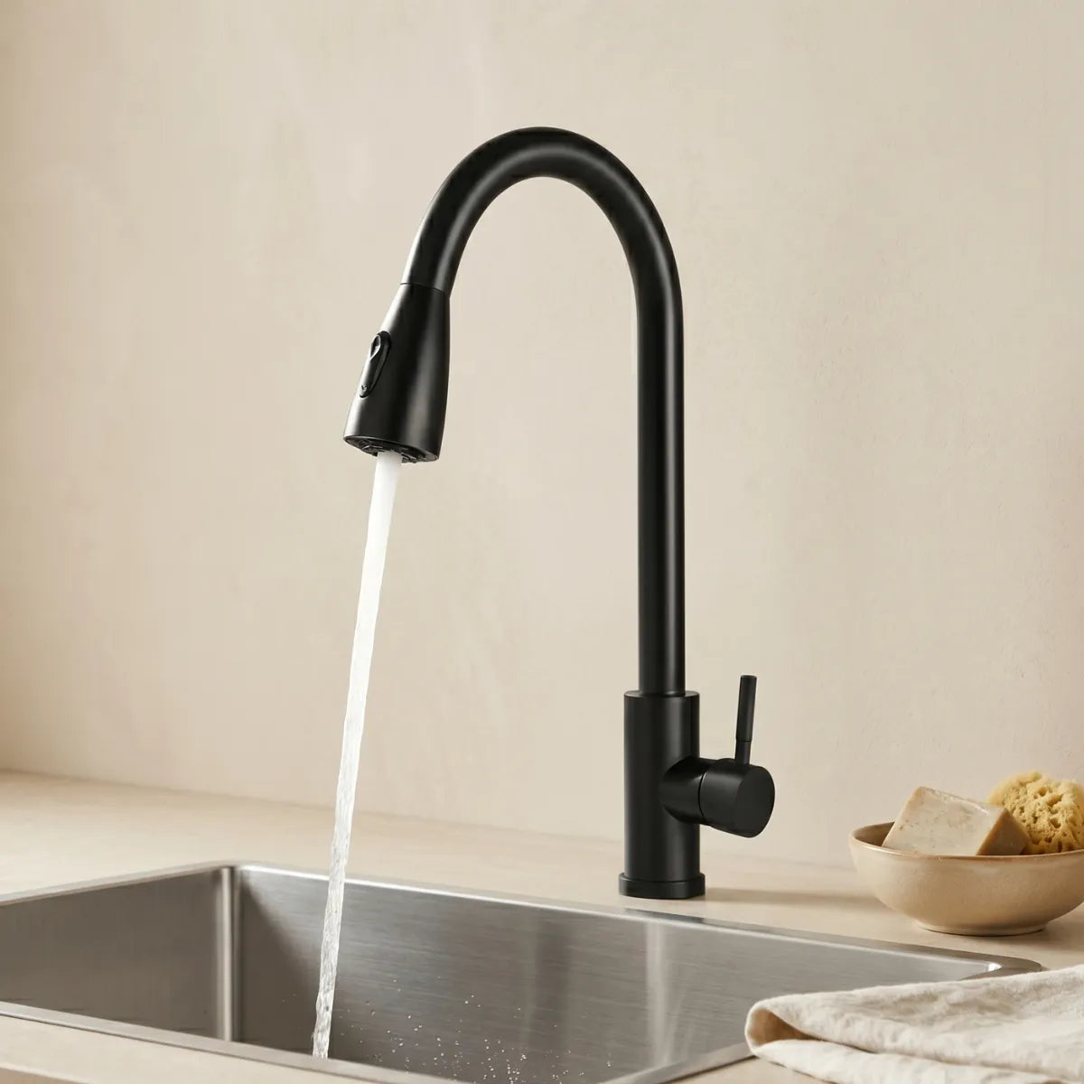 Torneira para cozinha monocomando preta com bica alta em arco, jato direcionado sobre cuba de inox em ambiente neutro com pão de cozinha e esponja ao lado.