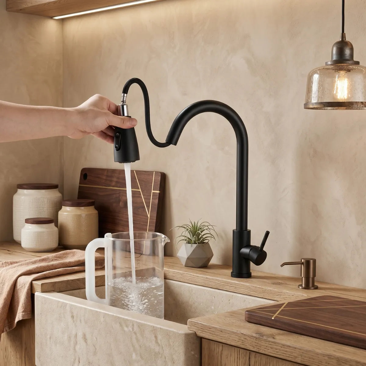Torneira para cozinha monocomando preta extensível enchendo jarra de vidro com jato concentrado, em cozinha rústica com bancada de madeira e pendente industrial de vidro.
