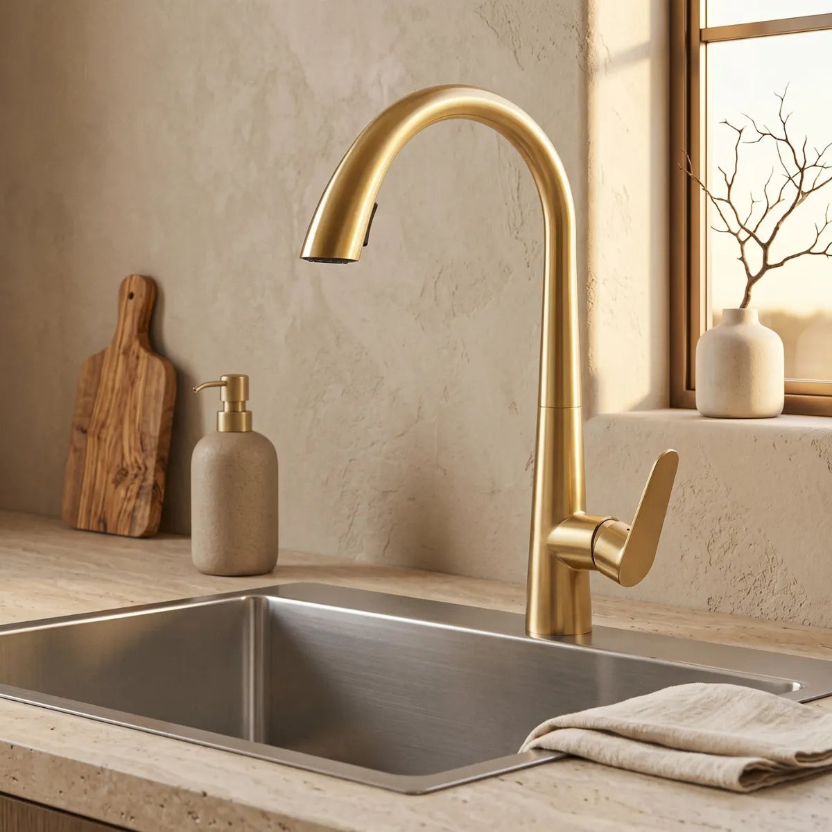 Torneira para cozinha extensível dourada Cygne instalada em bancada de travertino com cuba de inox, tábua de madeira rústica, saboneteira e vaso decorativo ao lado da janela.