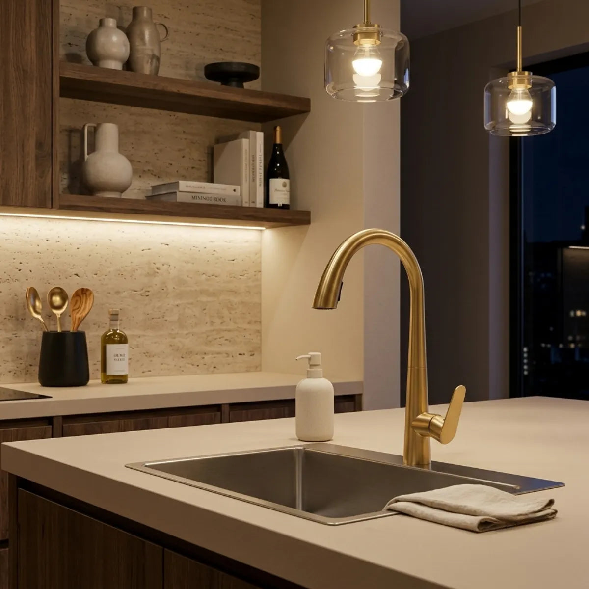 Torneira para cozinha monocomando dourada Cygne em ilha de cozinha urbana à noite, com pendentes de vidro e latão, prateleiras de nogueira iluminadas e vista da cidade ao fundo.
