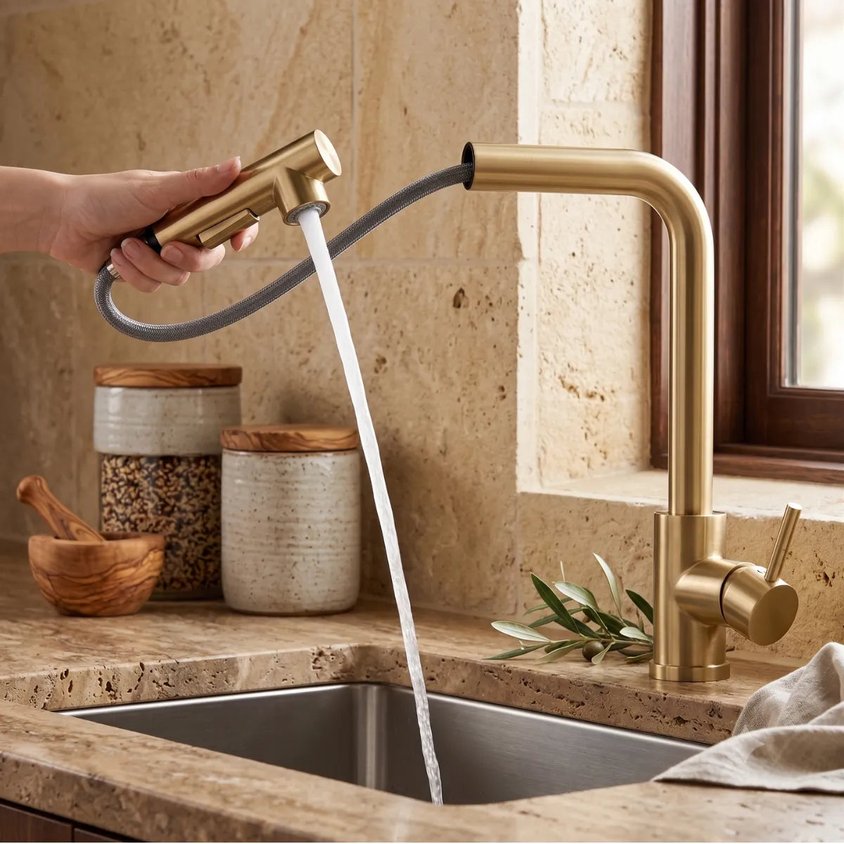 Misturador de cozinha dourado extensível com ducha pull-out sendo puxada sobre pia de inox em cozinha com revestimento de travertino